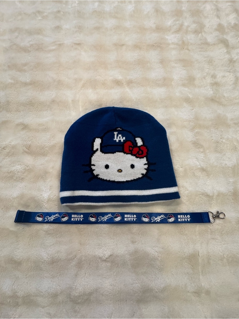 Los Angeles Dodgers Hello Kitty Reversible Beanie Hat and Lanyard